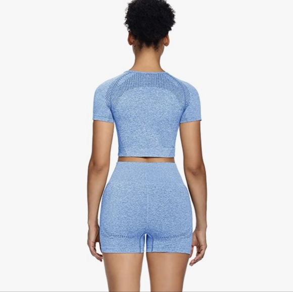 Seamless 2 Piece Set Workout Gym Shorts + Short Sleeve - Picture 4 of 9